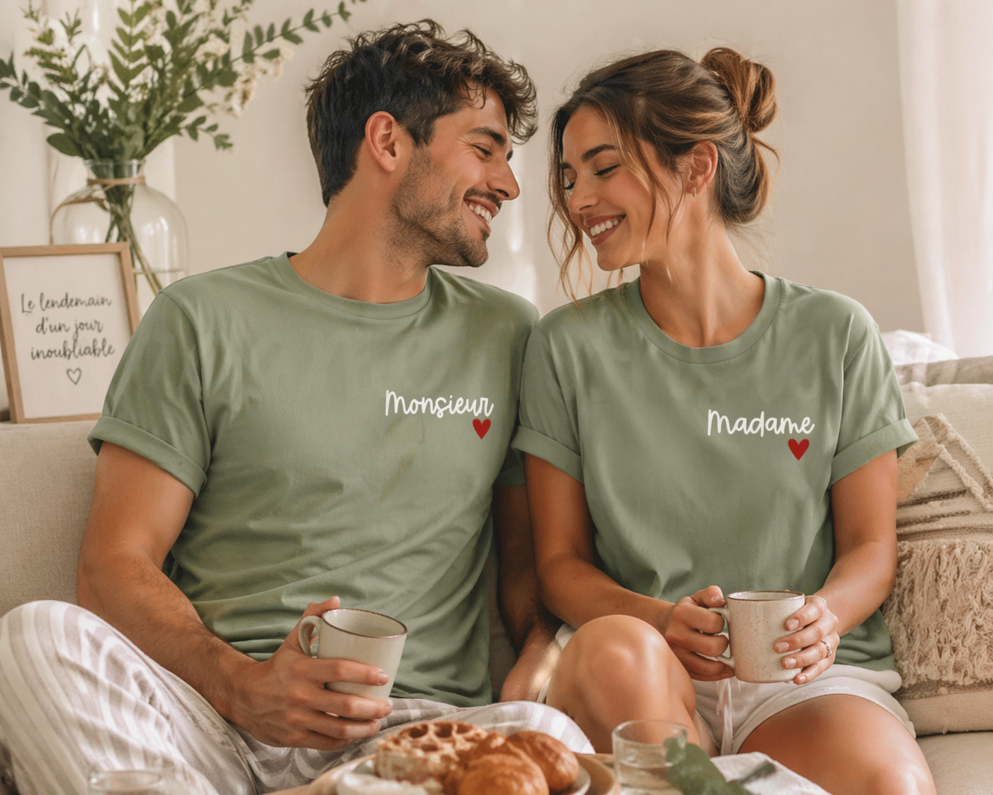 T-shirt lendemain de mariage - Madame / Monsieur (VERT SAUGE)