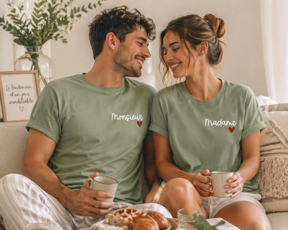 T-shirt lendemain de mariage - Madame / Monsieur (VERT SAUGE)
